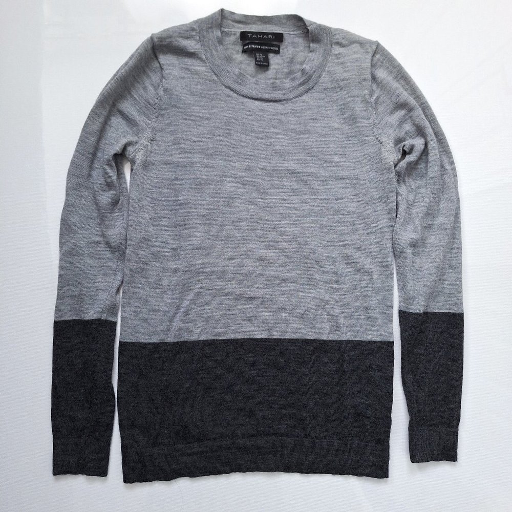 Tahari 100% Extra Fine Merino Wool Grey and Black Sweater